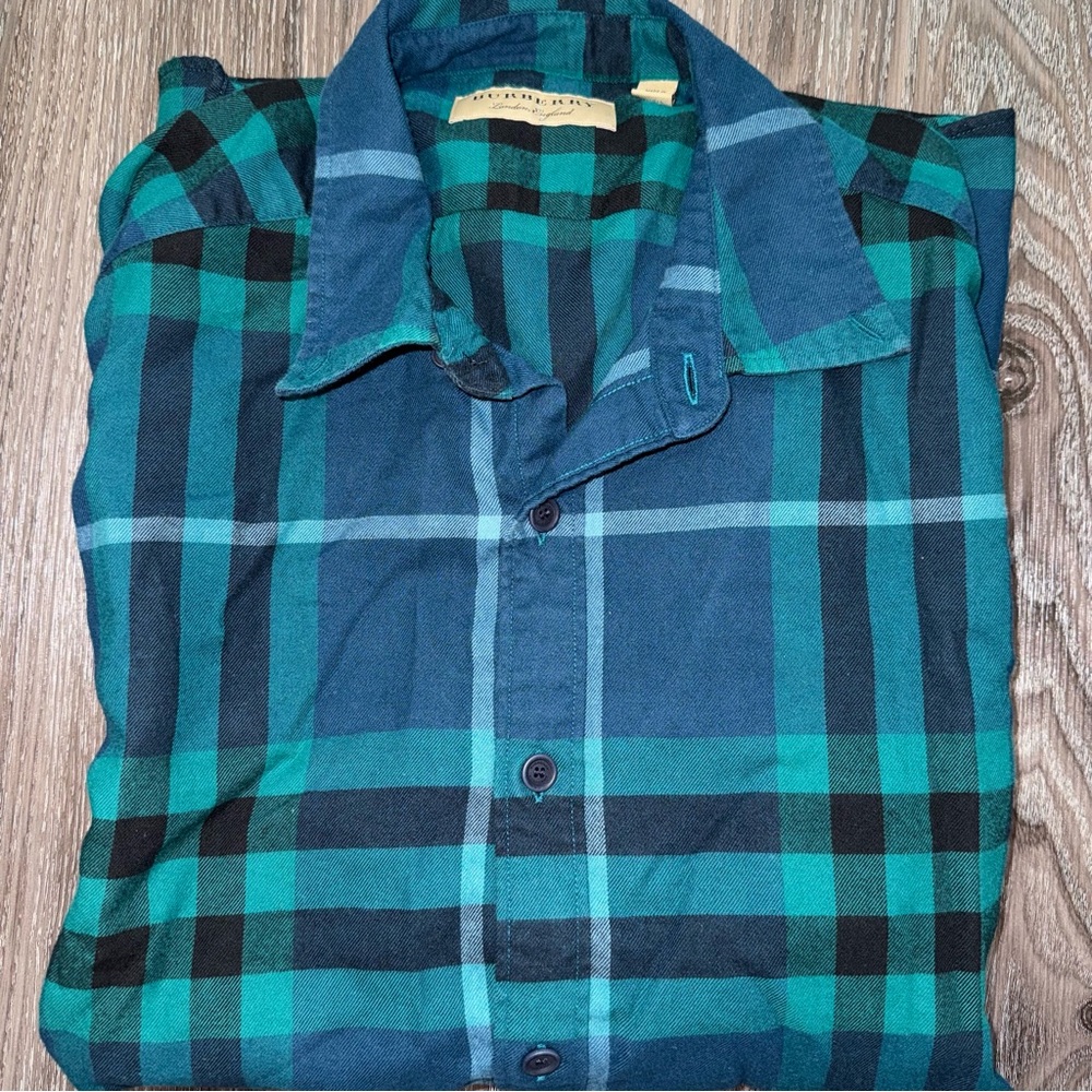 Burberry Teal and Navy Plaid Button-Down Shirt